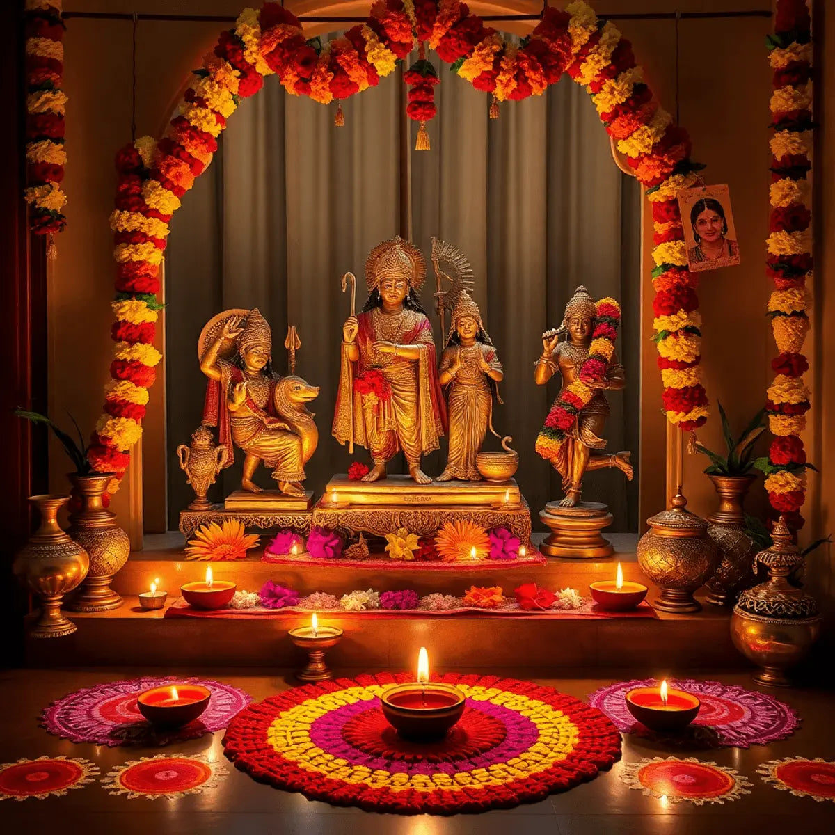 Home altar for Ram Navami with brass and marble statues, flower garlands, glowing diyas, colorful rangoli, and festive floral torans in a warm, spiritual settin