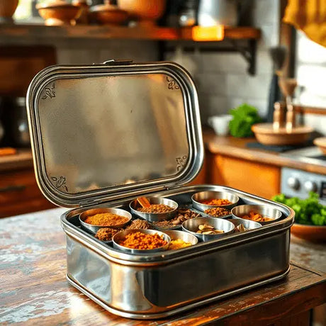 Open stainless steel masala box showing colorful spices in compartments on a rustic kitchen countertop with warm natural light.