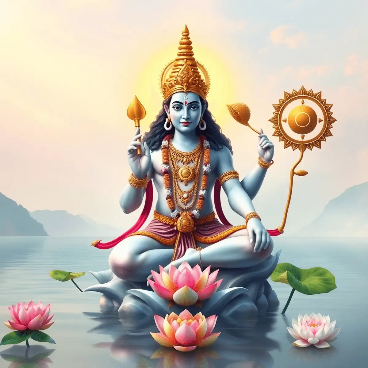 A serene depiction of Bhagavan Vishnu surrounded by a conch shell, discus, and lotus flower, set against a tranquil landscape with soft, harmonious colors.