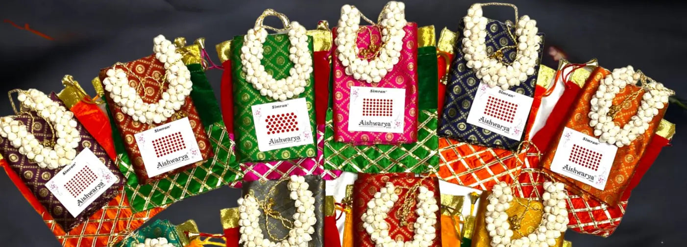 A collection of vibrant Bindi Bags, showcasing a variety of colors and intricate designs.