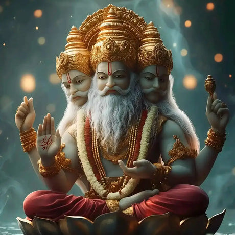 Lord Brahma depicted with his hands on his head, embodying tranquility and deep contemplation in a serene setting.