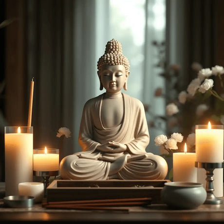 A serene Buddha statue surrounded by incense sticks and candles, illuminated by soft natural light, with plants and flowers creating a peaceful atmosphere for m