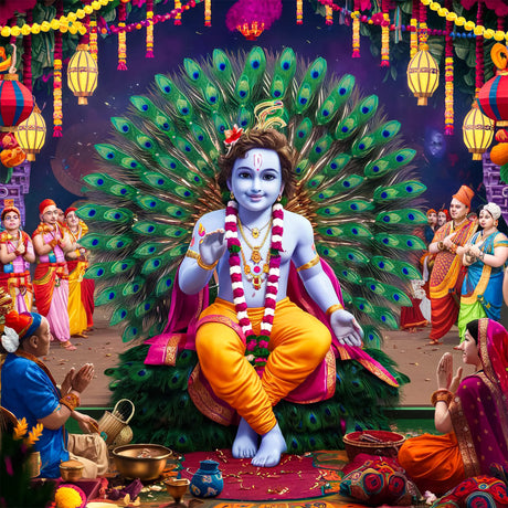 Celebrate Janmashtami in style with vibrant rangoli designs and enchanting Krishna decorations that bring divine beauty and festive spirit to your home!