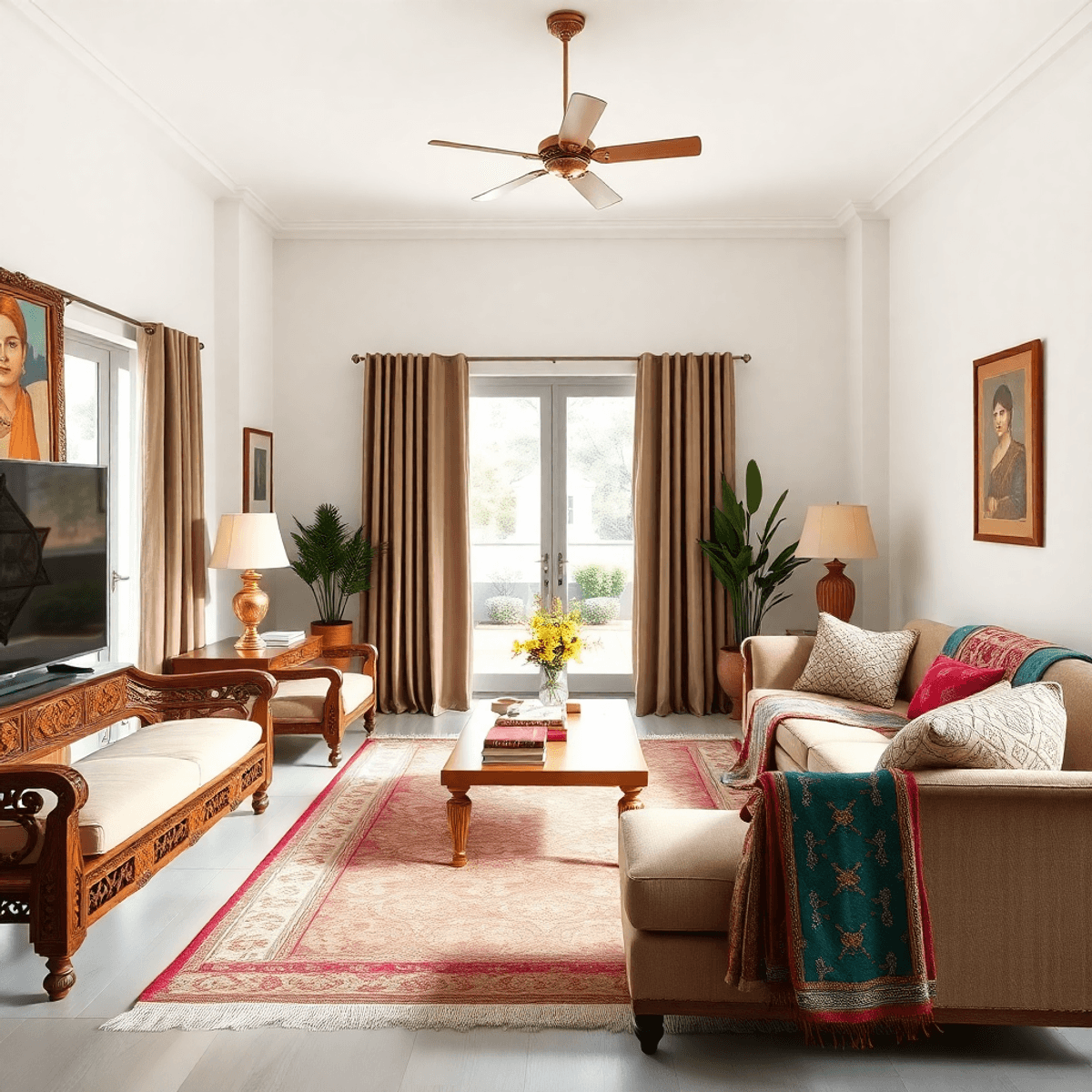 Bright living room with carved wooden furniture, brass accents, neutral tones, and vibrant textiles blending traditional Indian decor with modern minimalist des