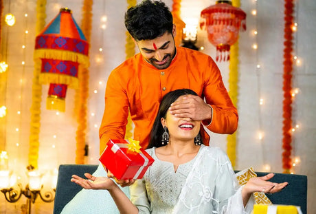 Man surprising woman with gift during Bhai Dooj celebrations, regional variations shown