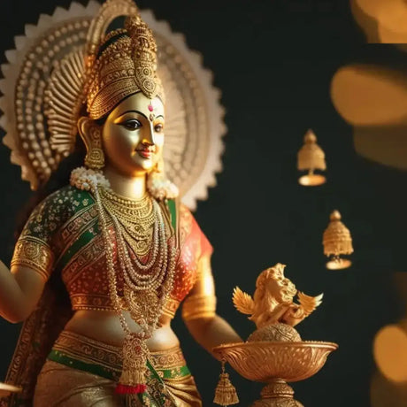 Ornate statue of Goddess Lakshmi with headdress and jewelry during celebrating varalakshmi vratam