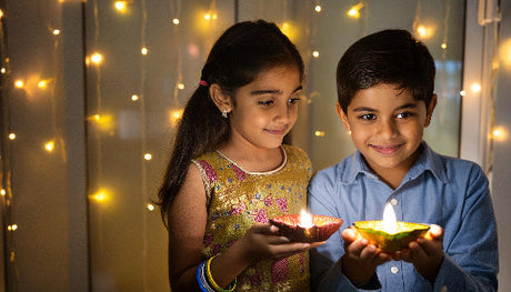 A vibrant Diwali scene with glowing oil lamps, traditional decorations, a gift-filled table, marigold flowers, and intricate rangoli patterns, embodying joy and cultural heritage.