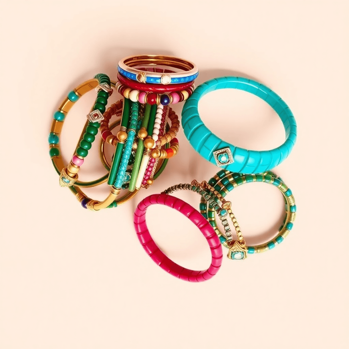 A colorful flat lay of stacked bangles and bracelets in diverse materials, blending traditional and modern designs against a soft, neutral background.