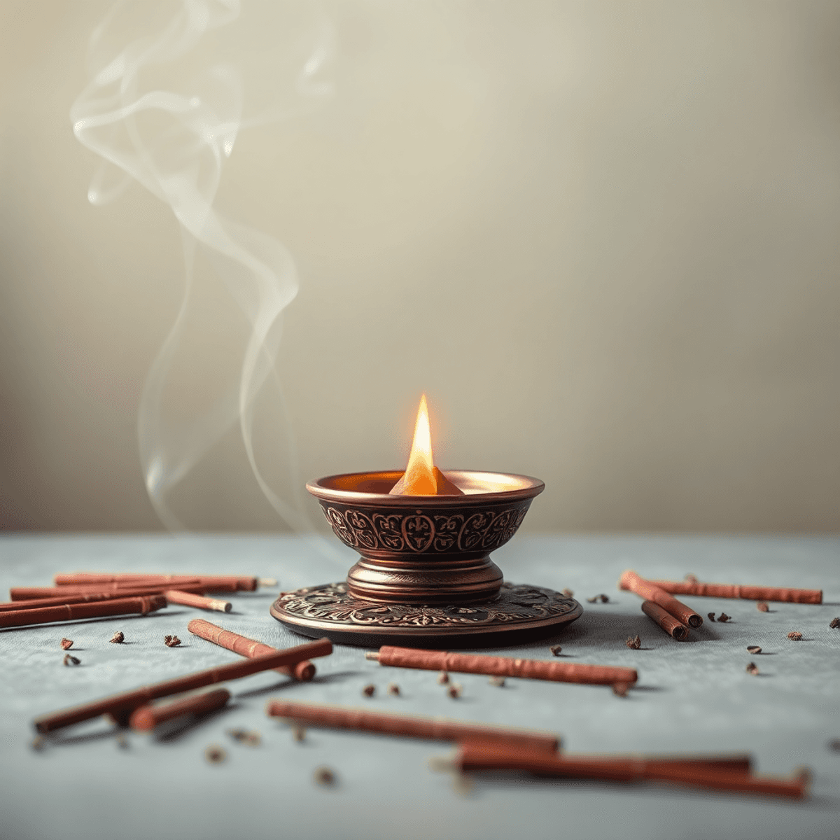 A beautifully designed incense holder surrounded by soft smoke wisps and scattered incense sticks, evoking tranquility and relaxation.