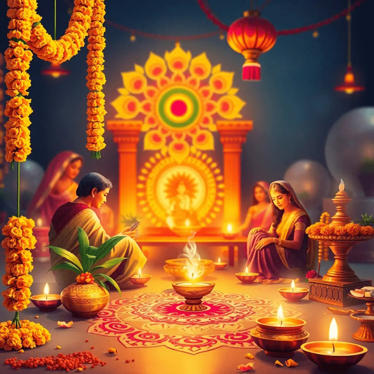 A vibrant Dhanteras celebration with marigold garlands, Shubh-Labh symbols, decorative Diyas, and colorful Rangoli art, embodying health and wealth in a joyful 