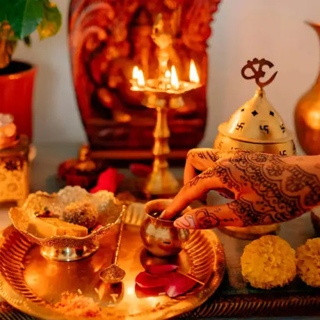 A vibrant spread of traditional Indian rituals, beautifully arranged for a festive Diwali celebration.