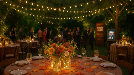 Outdoor autumn-themed evening party with string lights showcasing creative styling tips for event decor