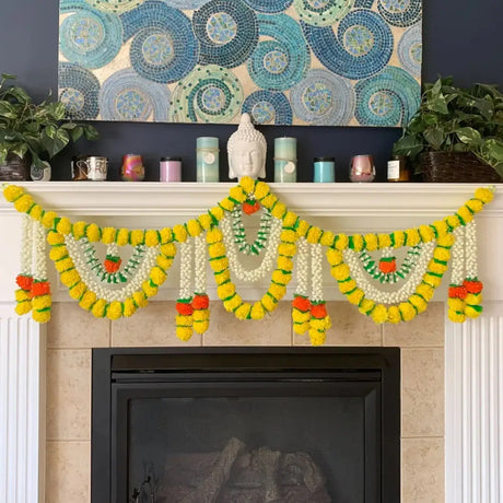 Woman in yellow dress holding gift boxes, enhancing traditional Indian decor and radiating positive vibes