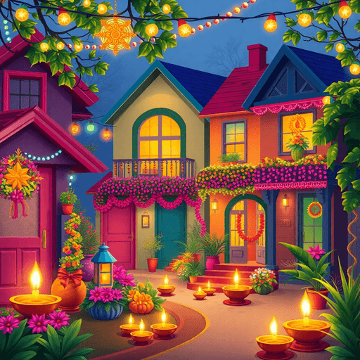 A lively Diwali scene showcasing homes illuminated with colorful lights, adorned with traditional decorations and floral arrangements, radiating joy and celebration.