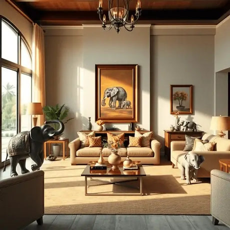 Elegant living room with elephant-themed décor, warm natural light, and soft earthy tones creating a serene and culturally rich atmosphere.