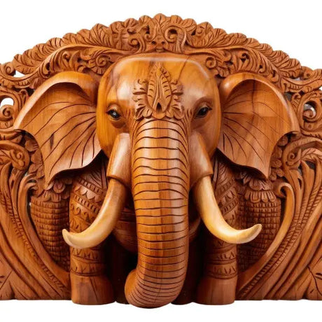 Wooden elephant figurine on a stylish shelf in the cozy and modern living room with warm lighting and subtle décor look mesmerizing.