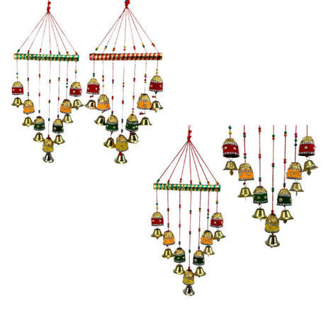 A serene outdoor scene with wind chimes and colorful hanging bells swaying gently in the breeze.