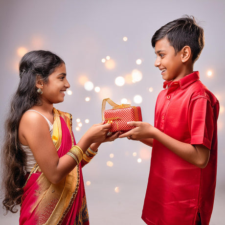 When tying the sacred thread, you are celebrating Raksha Bandhan and the eternal sibling bond, honoring the timeless love, protection, and cherished connection shared between brothers and sisters.