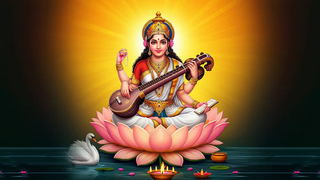Beautiful Saraswati goddess illustration with veena, lotus, swan, and diyas for Saraswati Puja