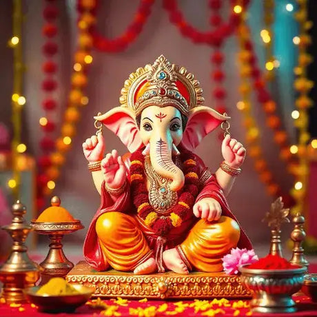 A beautifully decorated Ganesha idol surrounded by pooja items like haldi kumkum holders and decorative supari, set against festive garlands and lights.