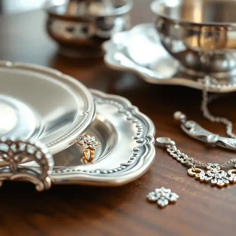 Close-up of gleaming silver pooja thali set and sterling silver jewelry on wood, highlighted by soft natural light showcasing metal contrasts.