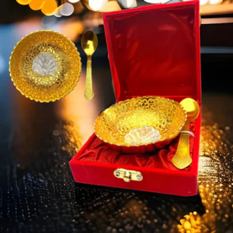 Gold-plated serving bowl set with matching spoon in red velvet box for ethnic gifts Raksha Bandhan