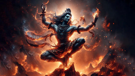 Dynamic depiction of Lord Shiva with third eye in fiery pose symbolizing primal instincts