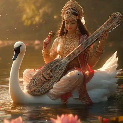 Goddess saraswati gracefully plays the sitar while seated on a majestic swan, blending music and nature in harmony.