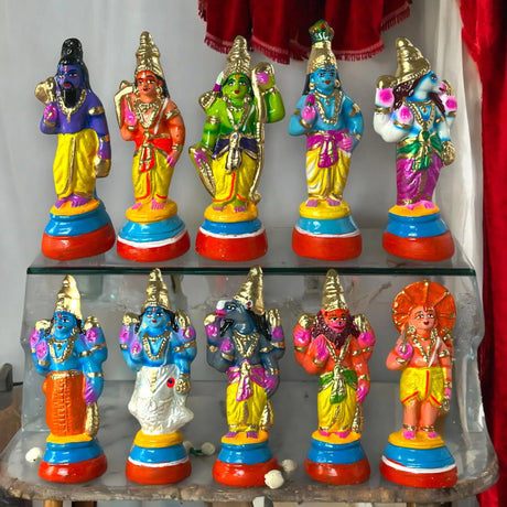 A vibrant and colorful display of a South Indian Golu Festival, featuring tiered platforms filled with intricately designed dolls and figurines of the Hindu god