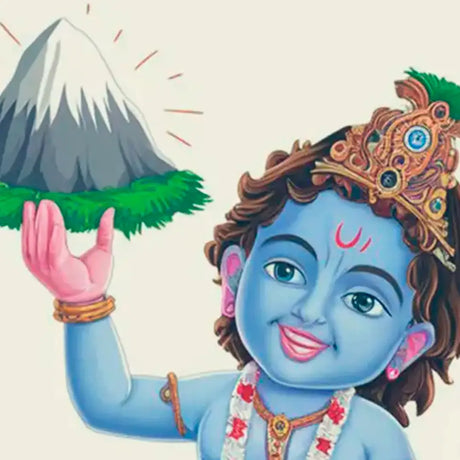 Lord Krishna effortlessly holds a mountain in one hand, symbolizing strength and divine protection in Hindu mythology.