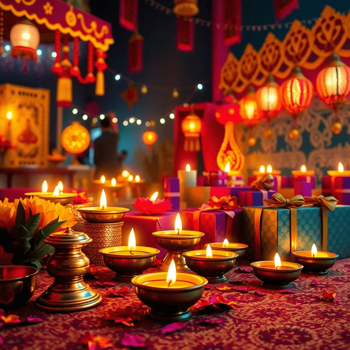 A vibrant Diwali celebration scene with glowing brass diya lamps, colorful decorations, flowers, and beautifully arranged gift boxes in a festive atmosphere.