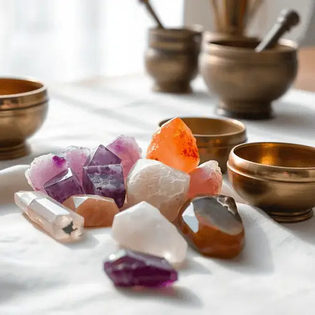 Healing crystals including Amethyst, Rose Quartz, and Carnelian arranged on soft fabric with Tibetan singing bowls in natural light for a calming, holistic scene.