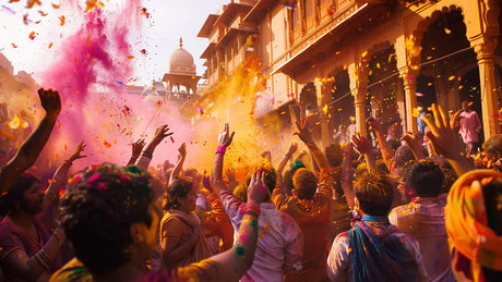 Celebrants celebrating Holi Festival with colorful powders in a lively street scene