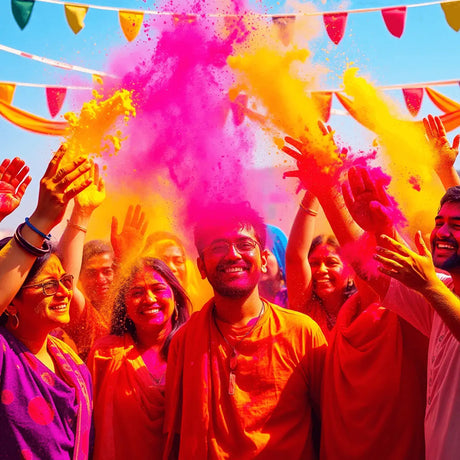 A vibrant scene of Holi celebration with bright gulal powders splashed in the air, surrounded by colorful bunting and festive decorations, conveying joy and unity.