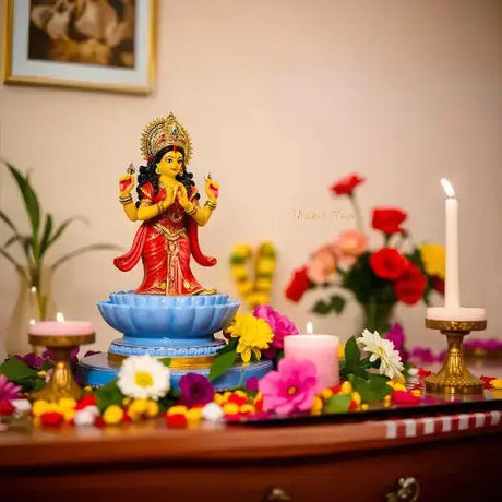 A beautifully decorated home for Diwali, featuring vibrant marigold garlands, intricate rangoli designs, lit diyas, and an altar with an idol of Goddess Lakshmi