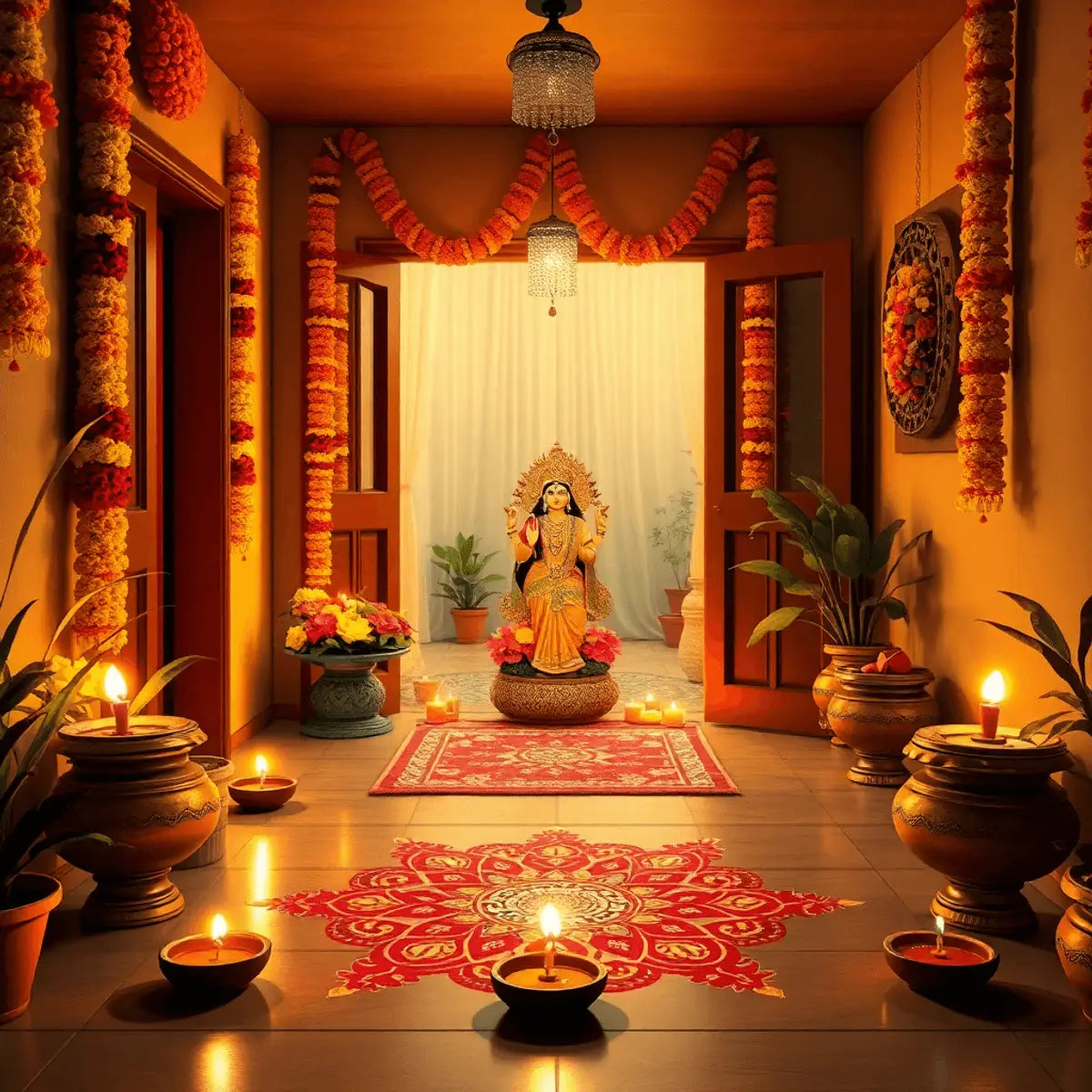 A beautifully decorated home for Diwali, featuring vibrant marigold garlands, intricate rangoli designs, lit diyas, and an altar with an idol of Goddess Lakshmi