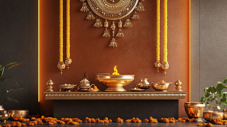 Brass Pooja Altar Set with Lit Oil Lamp and Marigold Garlands for Decorative Pooja Backdrop