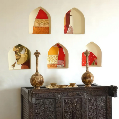 Cozy living room with Indian home decor, colorful throw pillows, and gold plated accents for modern American interiors