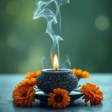 Ornate black incense holder with lit flame surrounded by orange marigold flowers.