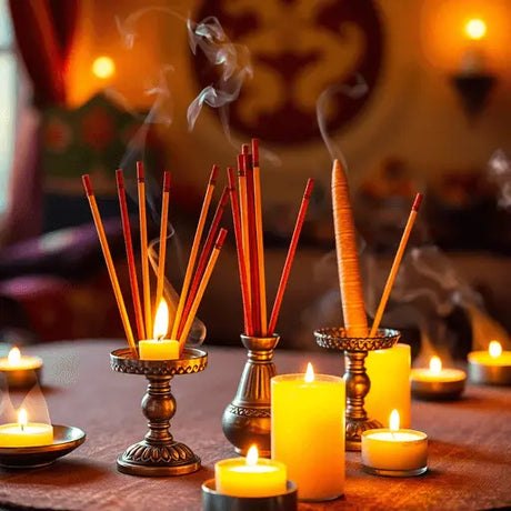 Traditional Indian incense sticks and cones burning on elegant holders, surrounded by glowing candles and gentle smoke curls in a cozy, warm setting.