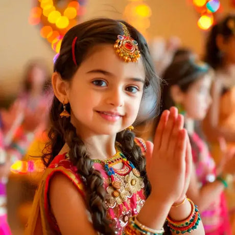 Indian girl joyfully dancing in traditional attire during a vibrant festival celebration.