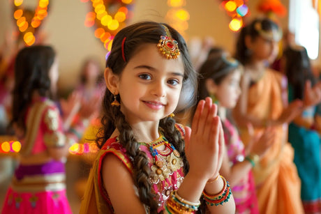 A vibrant Kanya Puja ceremony during Navratri, featuring joyful girls under 12 from diverse descents, including South Asian, Middle-Eastern, Caucasian, and Blac