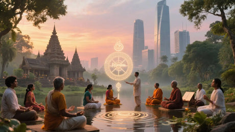 Meditating group by lake with spiritual symbol and city skyline illustrating karma’s historical significance