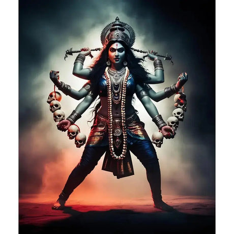 Artistic depiction of Hindu Goddess Kali with blue skin, weapons, and flowing hair.