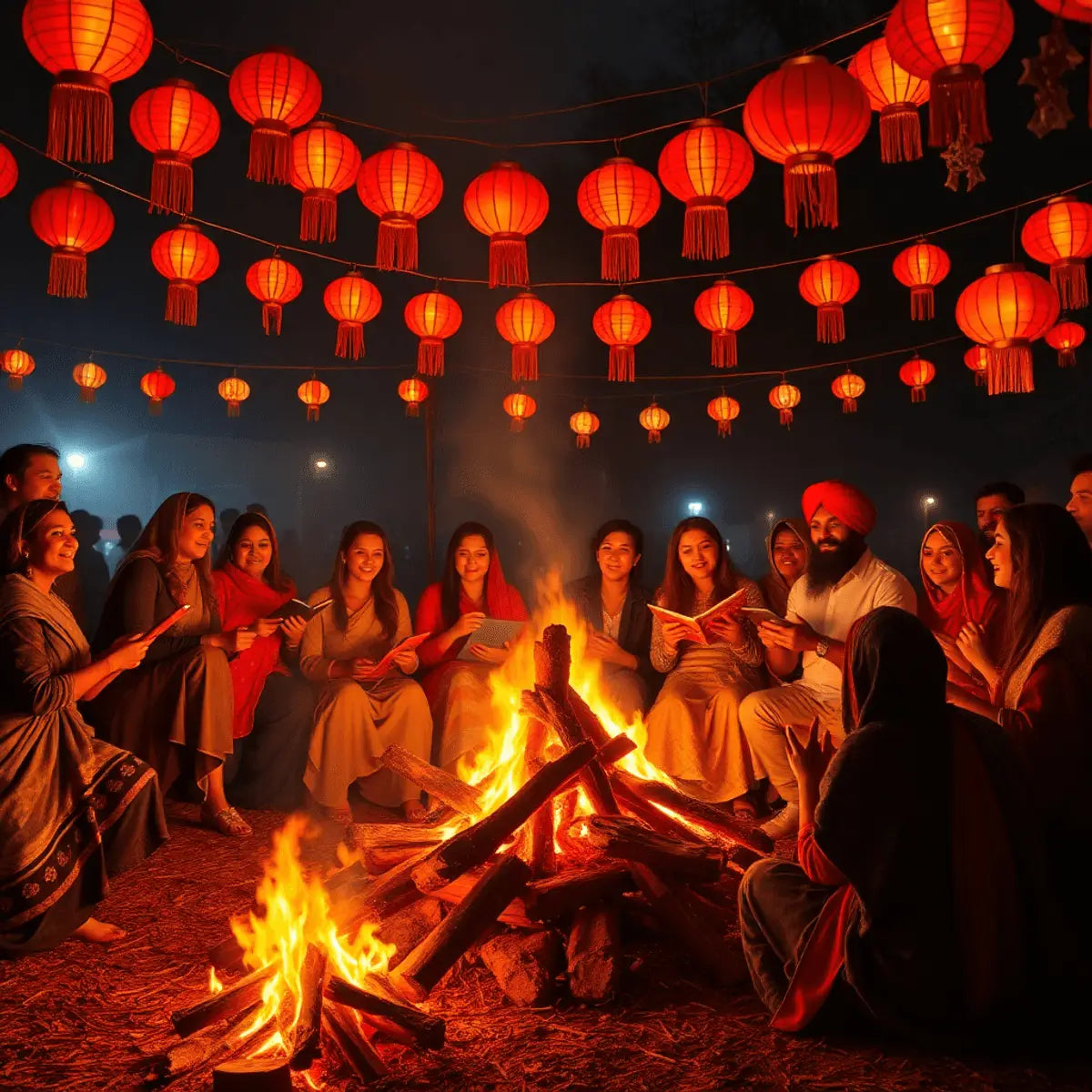 A lively Lohri celebration with a bonfire surrounded by a group of people joyfully singing and sharing stories, adorned with colorful lanterns and paper stars.