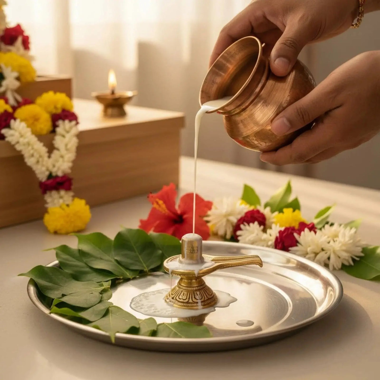 Golden copper Shiva lingam with bilva leaves and flowers for Maha Shivratri puja vidhi