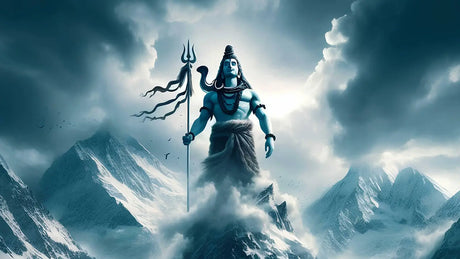 Blue-skinned Lord Shiva with crescent moon and trident atop snowy mountain peak