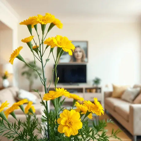 A bright arrangement of marigold yellow flowers in a cheerful living room, creating an inviting and uplifting atmosphere with warm golden hues against a light background.