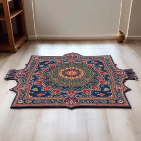 A vibrant Indian prayer and meditation mat with intricate traditional motifs, set in a peaceful, serene environment.