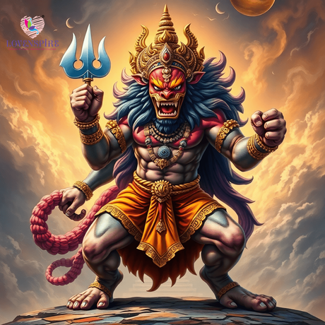 A fierce depiction of Narasimha, the half-man, half-lion deity, in a protective stance against a backdrop of swirling clouds and a temple, showcasing strength a